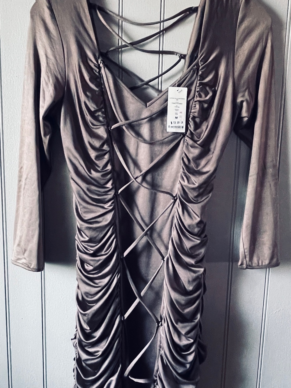 Bebe Ruched Lace-Up Long Sleeve Bodycon Dress in Taupe Medium